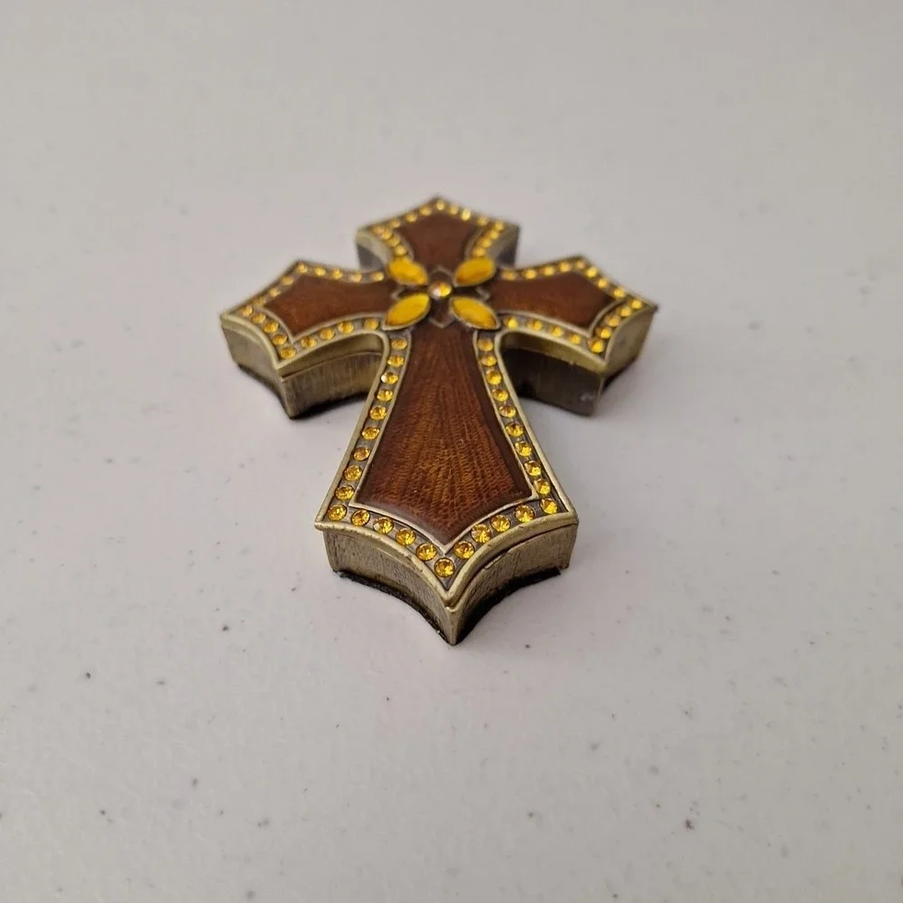 Vintage Ornate Brass Enamel Jeweled Trinket Box Cross 4.5
